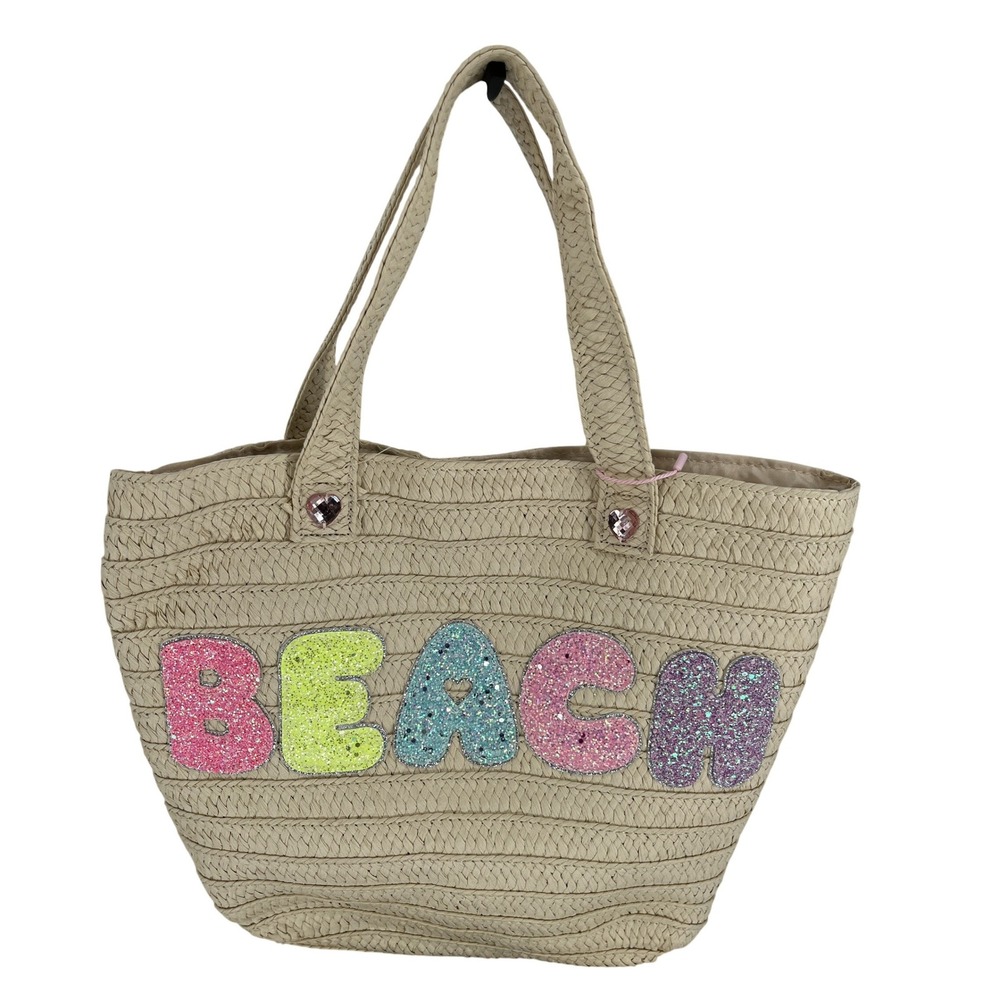 Beach Straw Tote Bag Glitter Letter Beach Bag Miss Gwen OMG Natural Coastal NWT